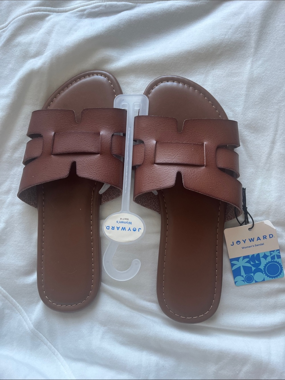 Women's Brown Leather-Look Slide Sandals